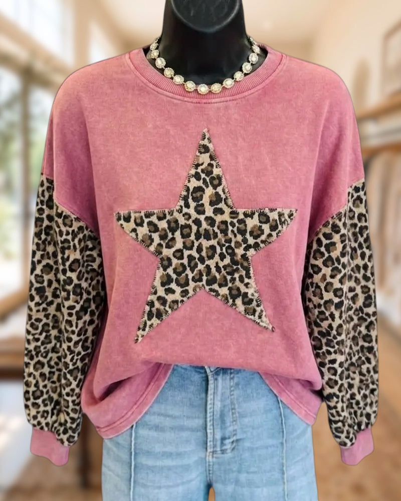 Leopard Star Applique Contrast Sleeve Crew Neck Sweatshirt