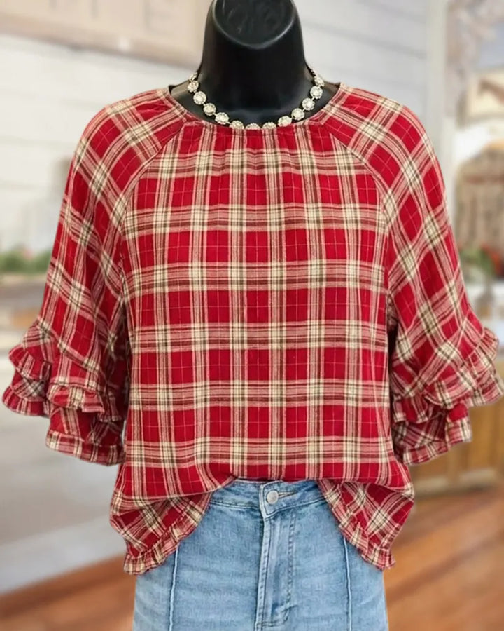 Ruffled Sleeve Gathered Neck Plaid Loose Flowy Casual Blouse