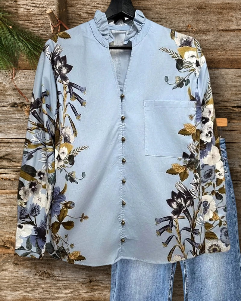 Floral Print Elegant V Neck Button Up Blouse