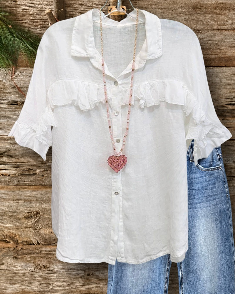 Ruffled Trim Collared Button Down Short Sleeve Blouse