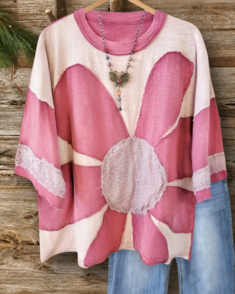 Patchwork Relaxed Floral Applique Seamed T-Shirt