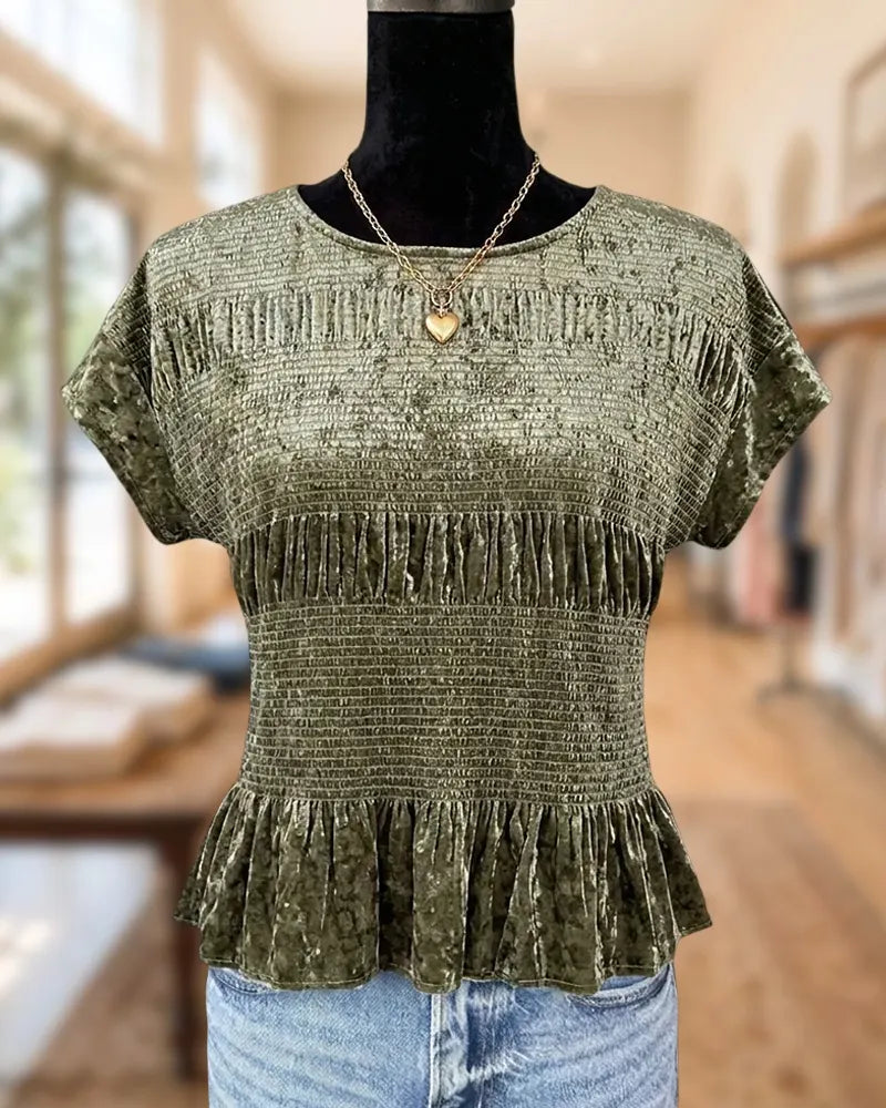 Smocked Velvet Short Sleeve Round Neck Peplum Pretty Blouse