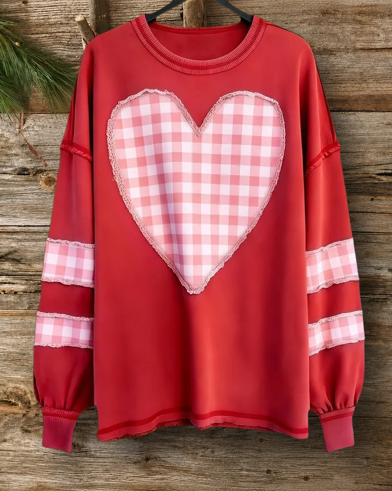 Heart Applique Stylish Round Neck Patchwork Sweatshirt