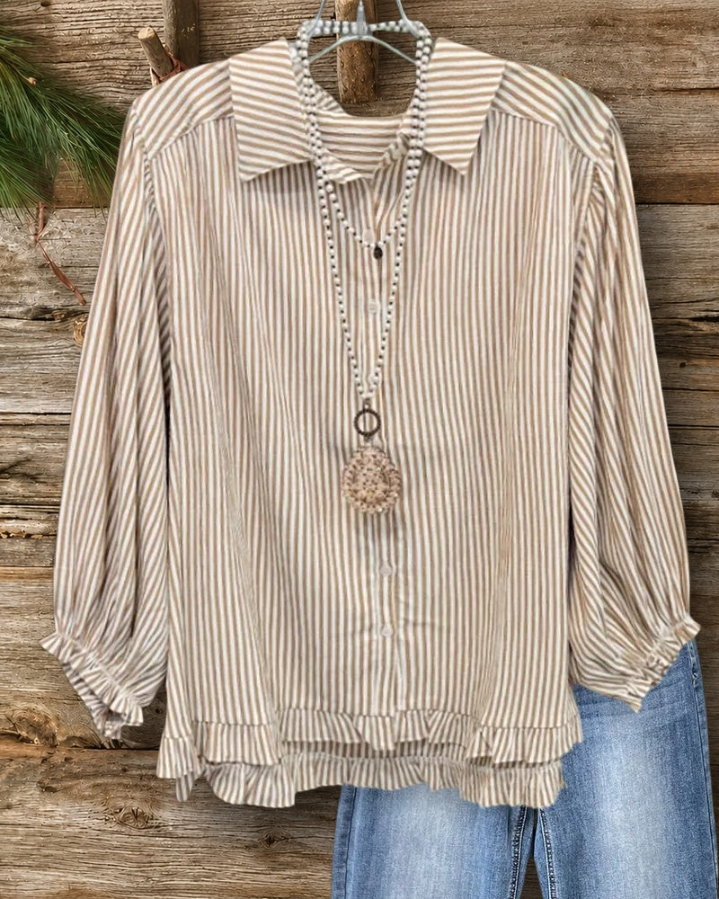 Striped Collared Ruffle Trim Button Front Loose Casual Blouse