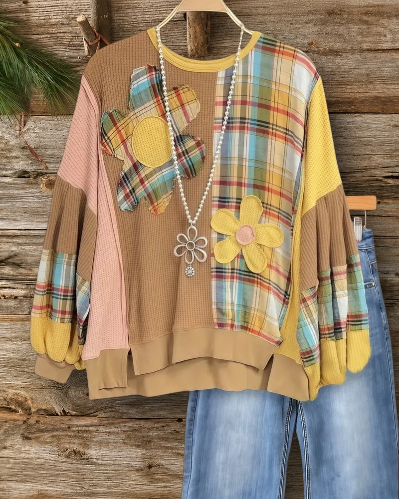 Flower Applique On-trend Color Block Waffle Blouse
