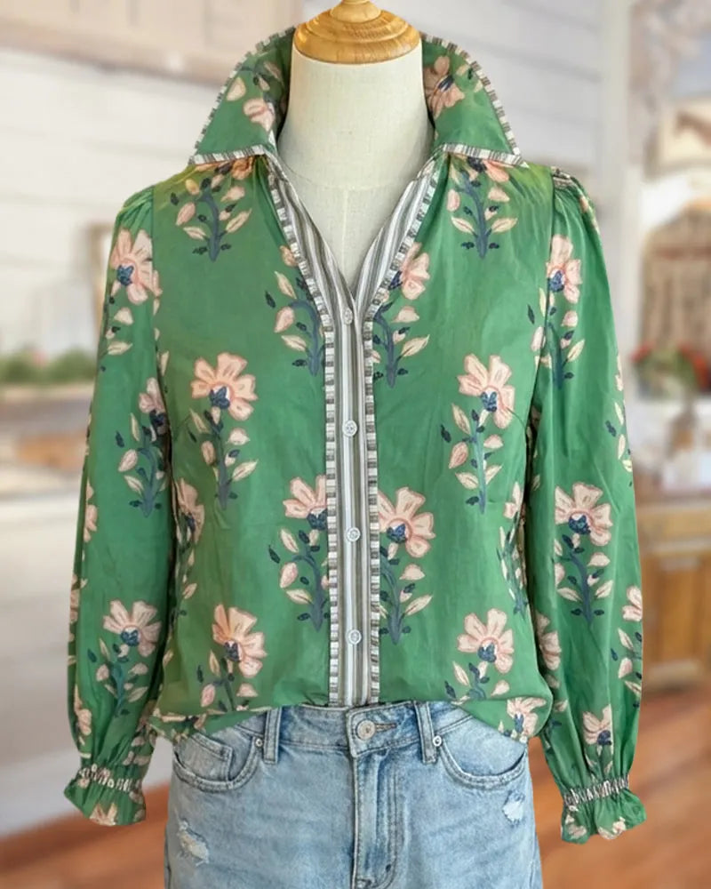 Floral Print Long Sleeve Contrast Placket Ruffled Cuff Collared Blouse