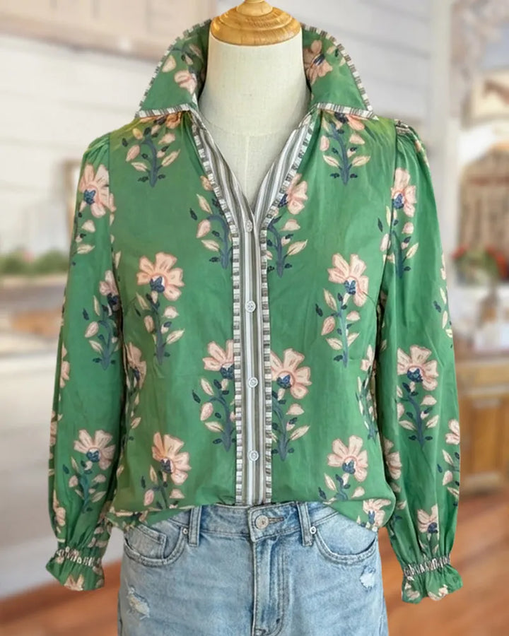 Floral Print Long Sleeve Contrast Placket Ruffled Cuff Collared Blouse