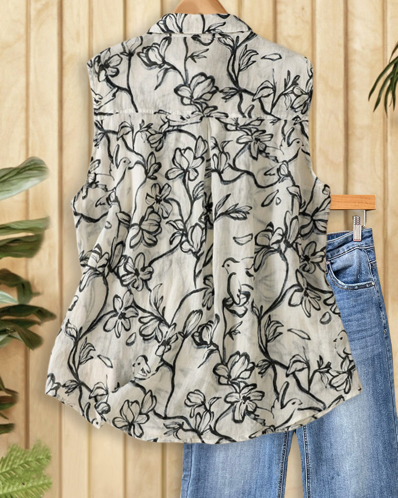Floral Print Collared Sleeveless Button Front Casual Blouse