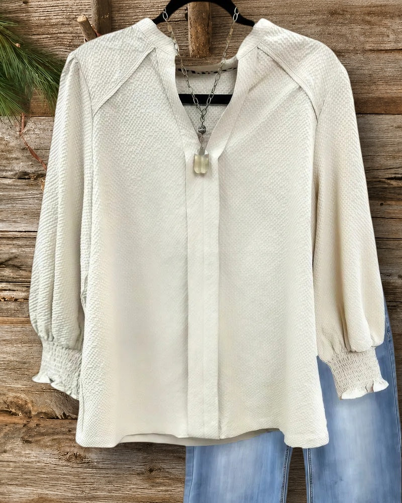 Solid Color Textured V Neck Simple Blouse