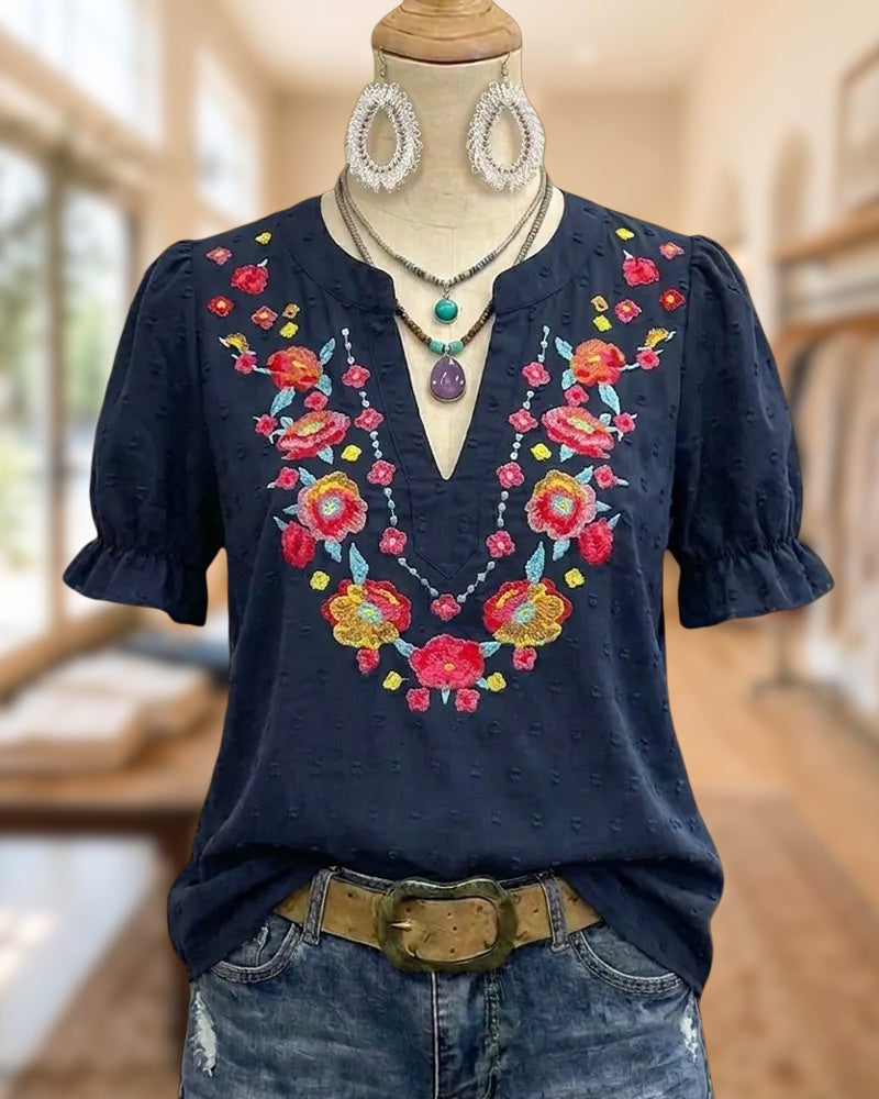 Floral Embroidered V Neck Ruffled Sleeve Relaxed Fit Blouse