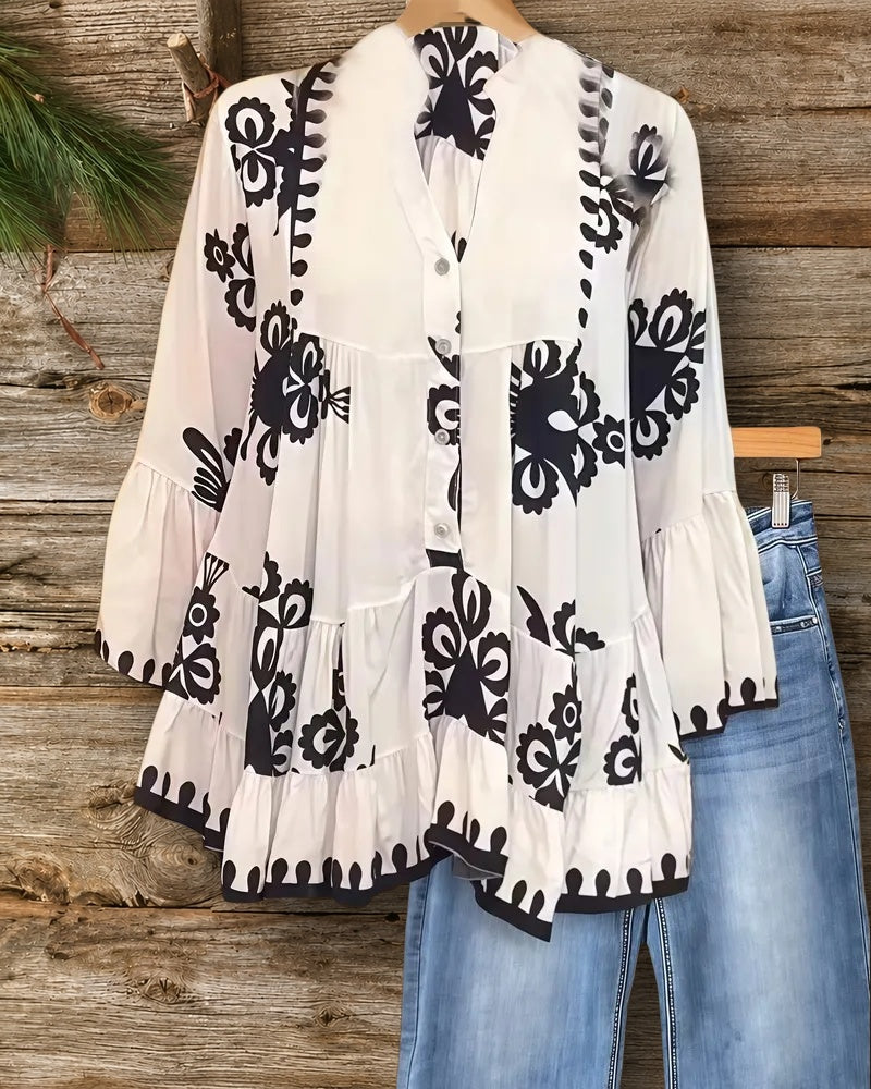 Contrasting Tribal Print Classic Tiered Blouse