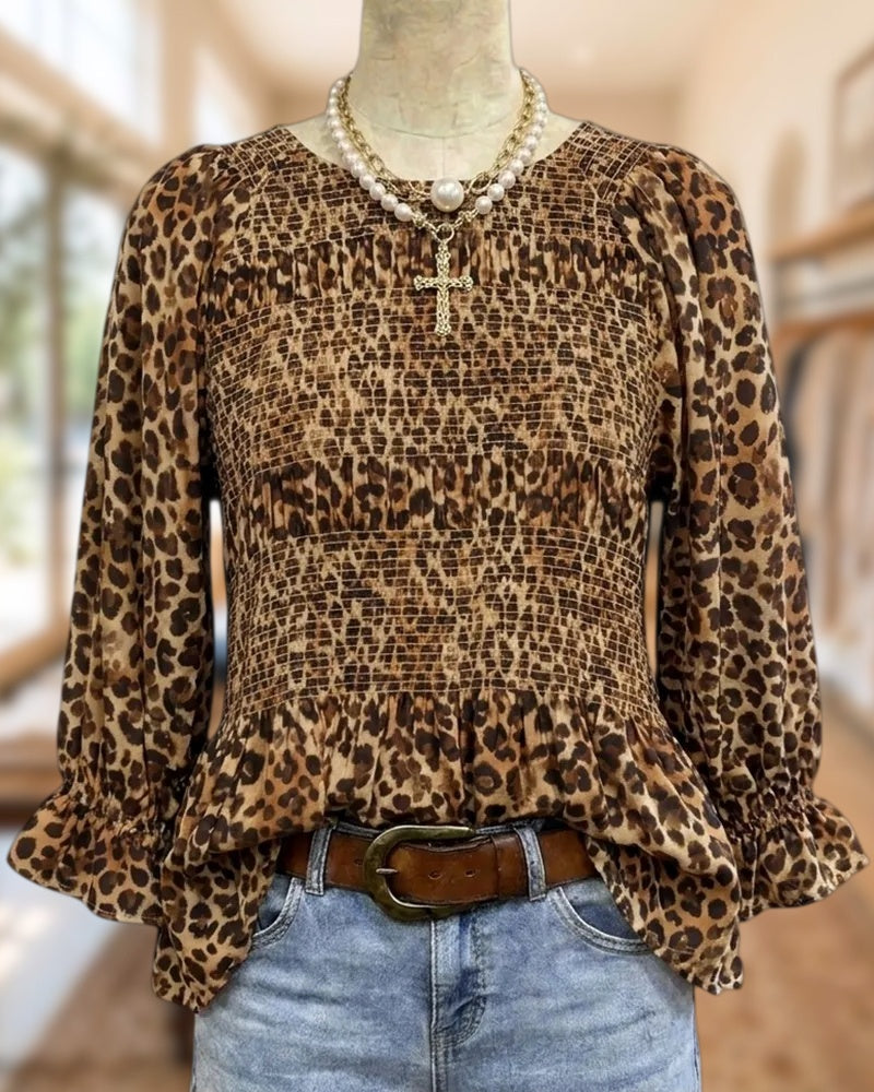 Leopard Print Smocked Puff Sleeve Ruffle Cuff Peplum Blouse