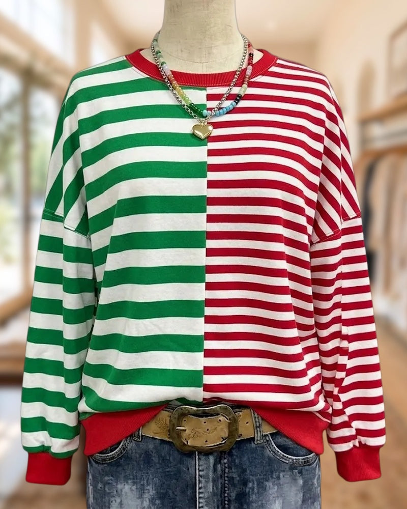 Contrast Striped Crew Neck Drop Shoulder Casual Sweatshirt