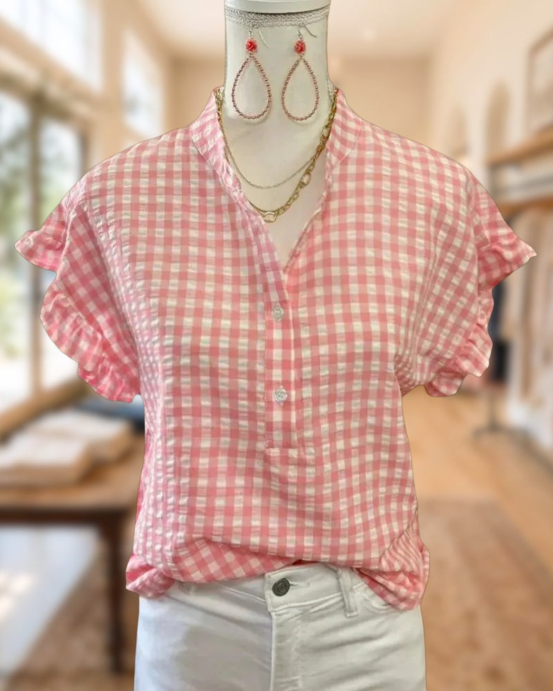 Half Button Ruffle Sleeve Gingham Casual Blouse