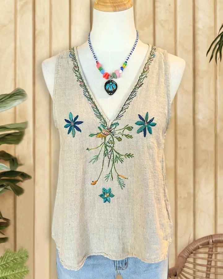 V Neck Floral Embroidered Sleeveless Relaxed Fit Tank Top