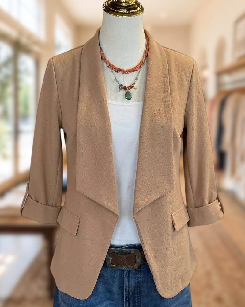 Open Front Lapel Rolled Cuff Flap Pocket Blazer