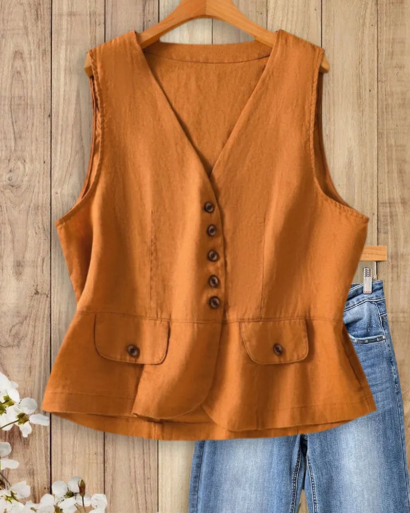 V Neck Button Front Flap Pocket Sleeveless Casual Waistcoat