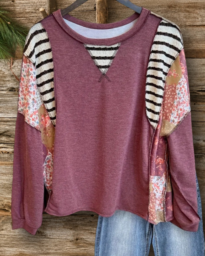 Patchwork Contrast Panel Crew Neck Long Sleeve Casual Blouse