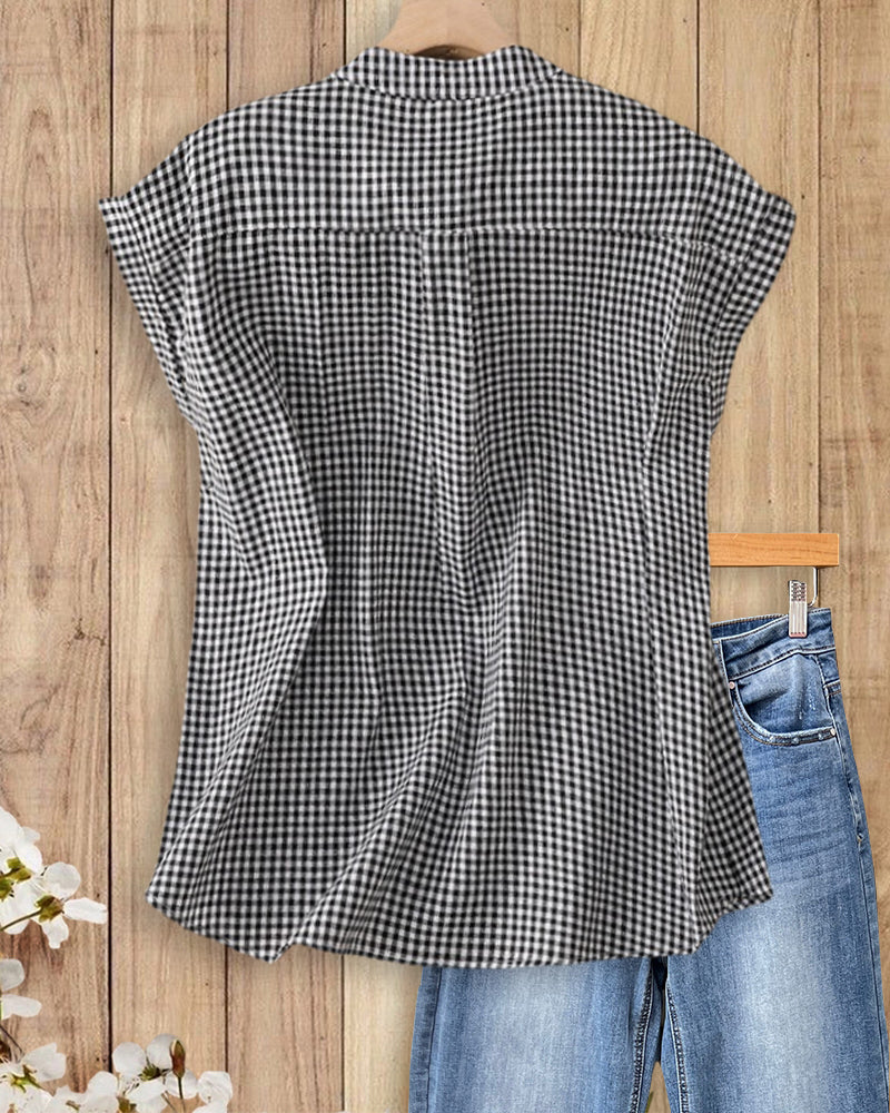 Stand Collar Button Front Cap Sleeve Relaxed Fit Casual Shirt