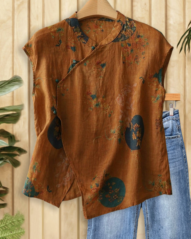 Floral Print Oriental Sleeveless Round Neck Blouse