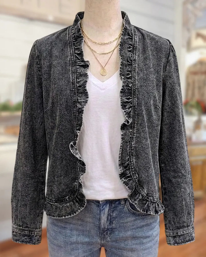 Ruffle Trim Open Front Long Sleeve Casual Denim Jacket
