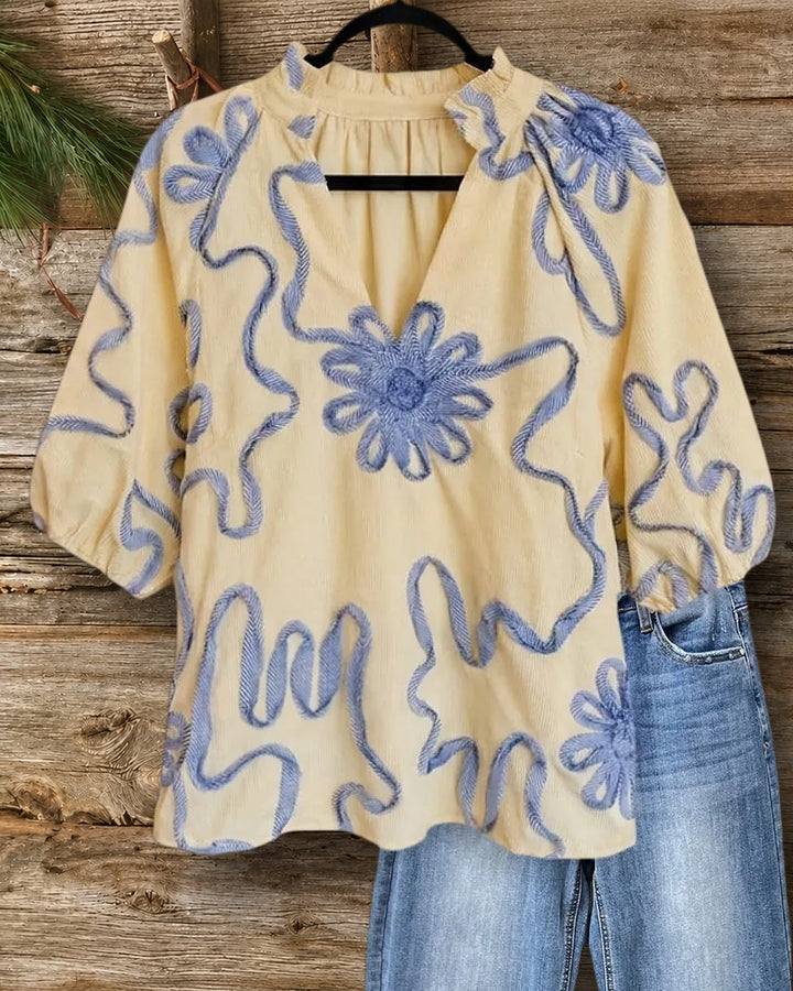Embroidered Puff Sleeve V Neck Loose Ruffled Collar Casual Blouse
