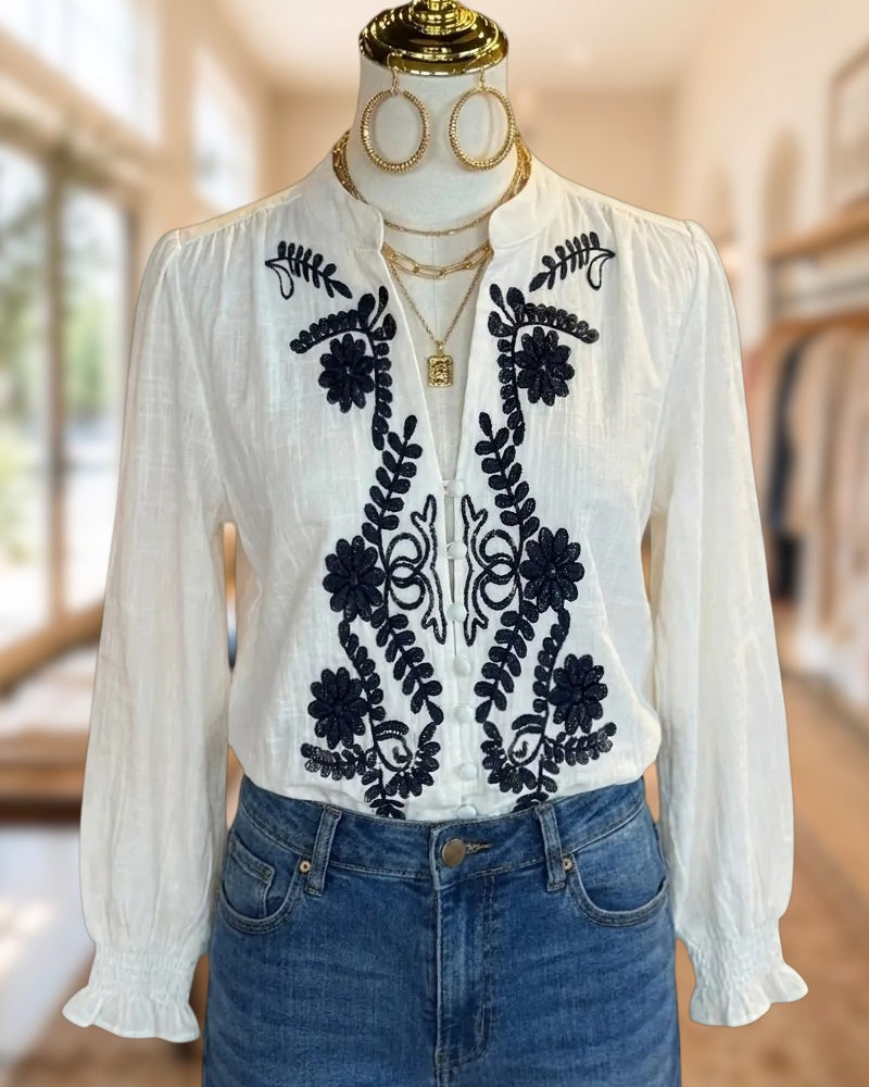 Embroidered Button Front Long Sleeve Ruffle Cuff Blouse