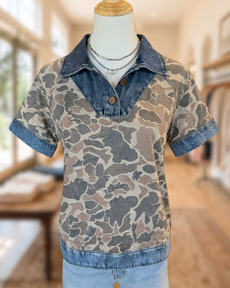 Camo Print Denim Trim Collared Short Sleeve Casual Top