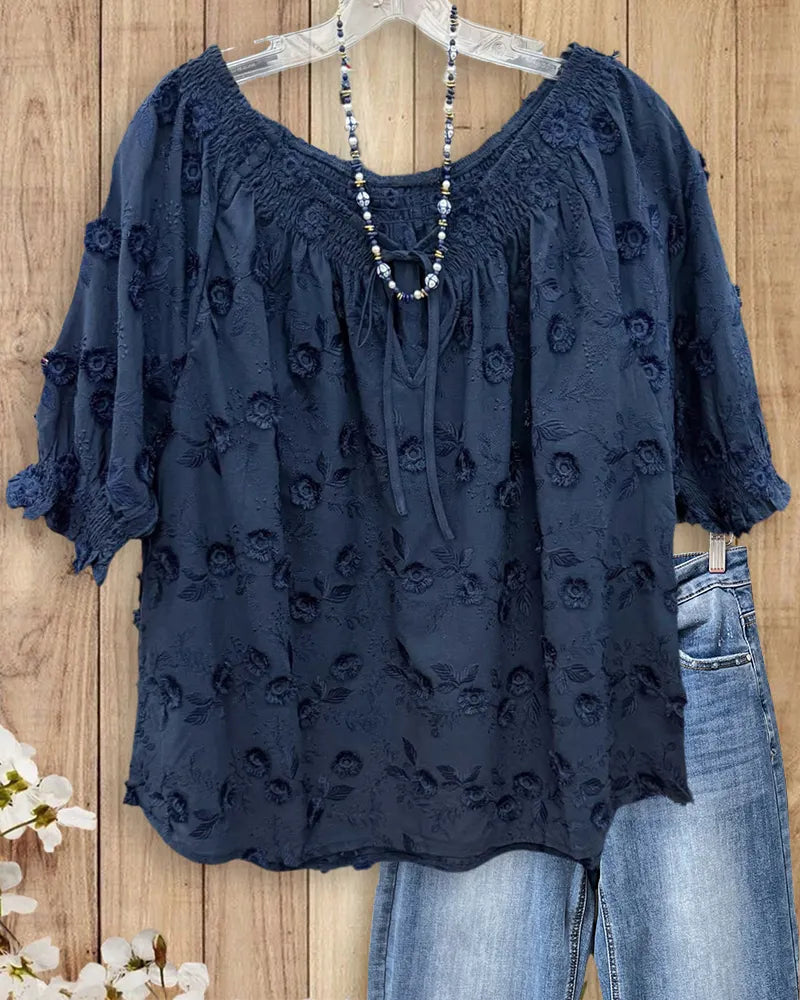 Floral Embroidered Smocked Tie Front Puff Sleeve Blouse