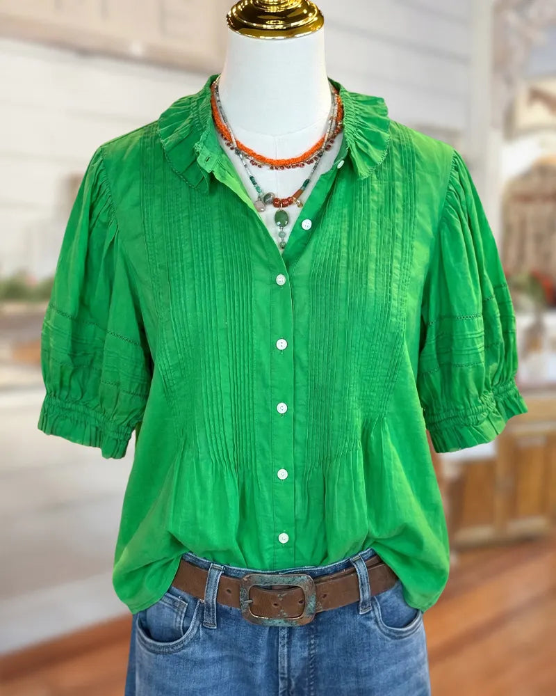 Ruffled Collar Puff Sleeve Button Front Pleated Blouse