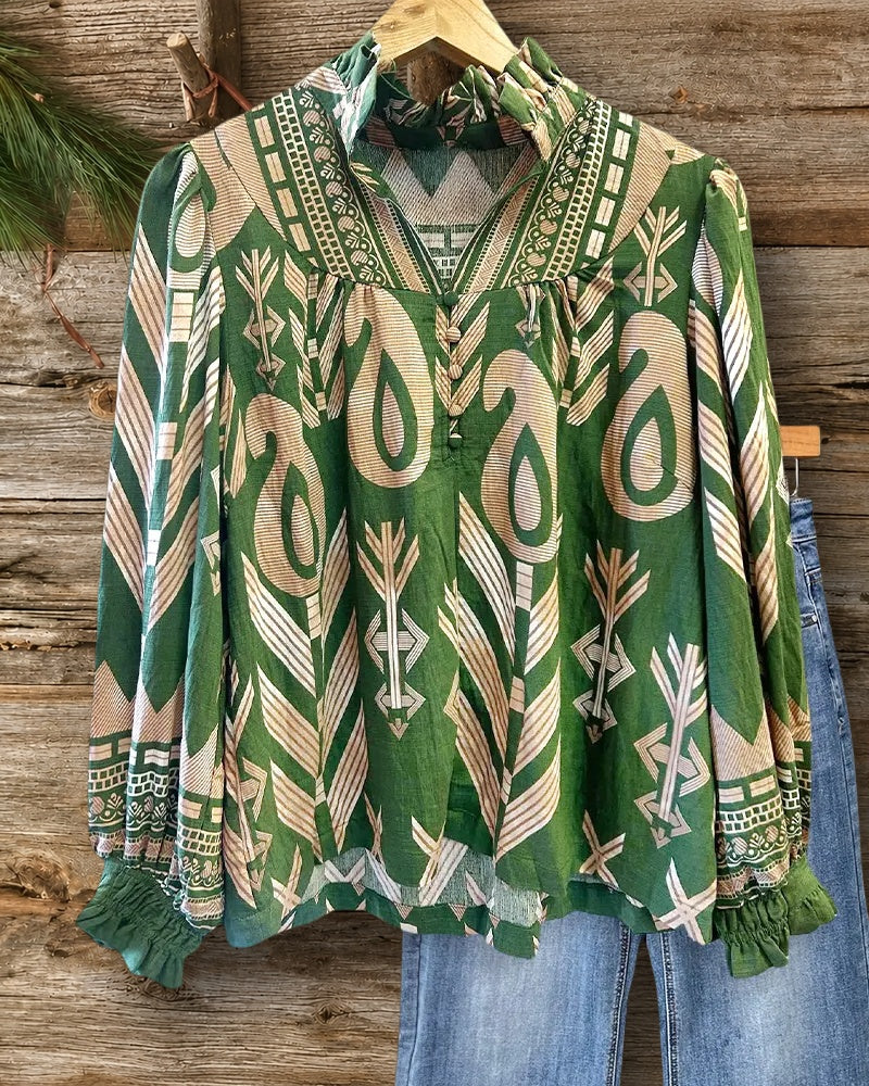 Mixed Paisley Print Boho Puff Sleeve Blouse