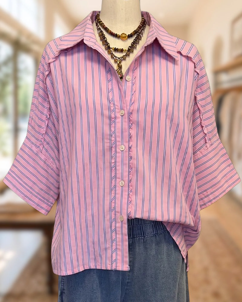Striped Button Front Collared Short Sleeve Loose Casual Shirt