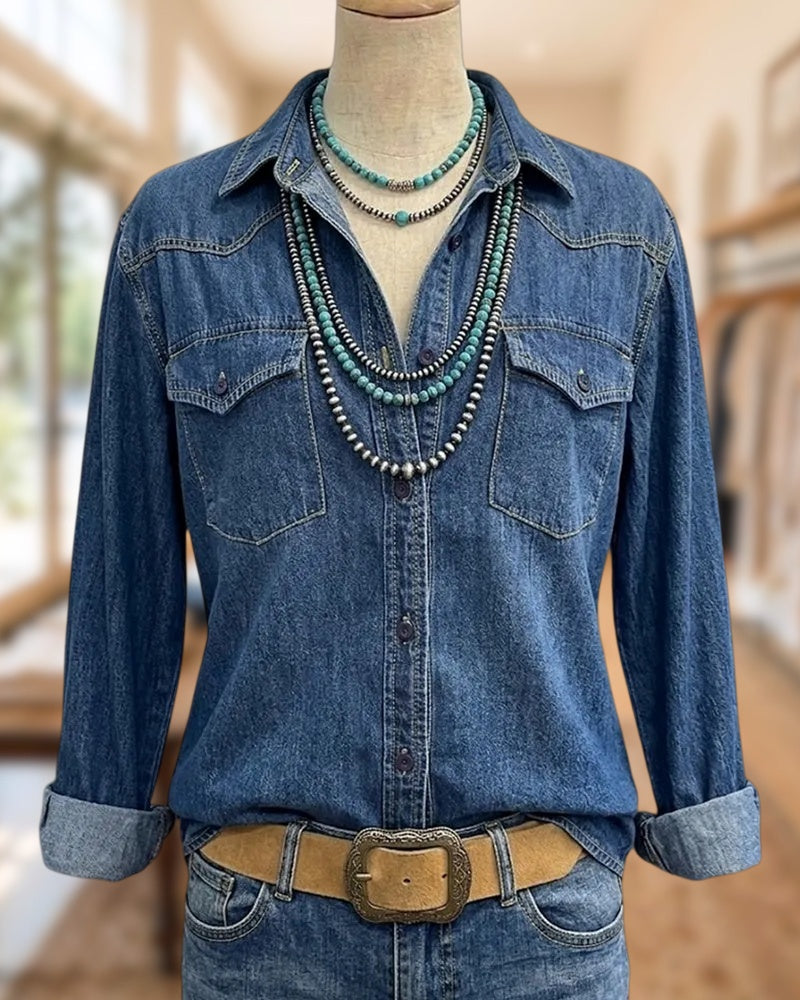 Long Sleeve Button Front Denim Shirt With Pockets