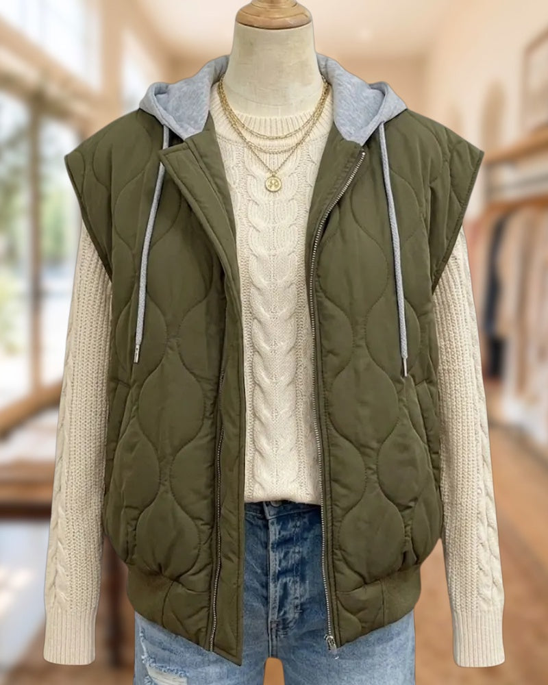 Quilted Contrast Hood Zip Up Sleeveless Casual Outerwear Vest