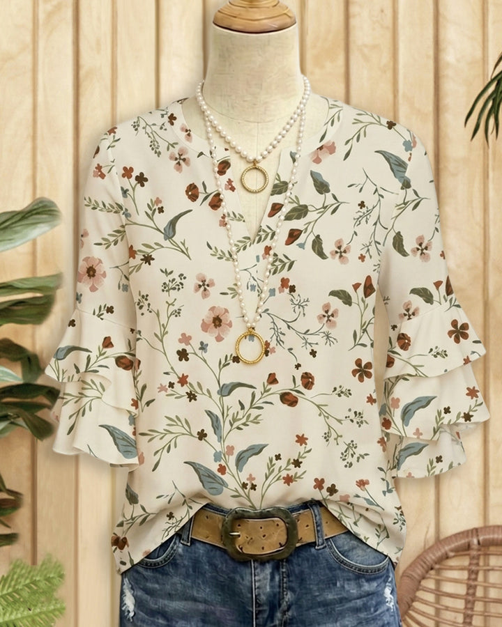 Casual Floral Print Tiered Ruffle Sleeve V Neck Blouse