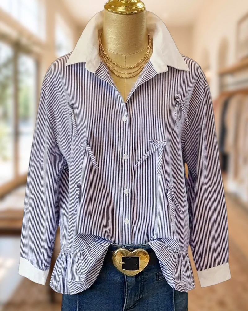 Contrast Collar Striped Bow Decor Ruffled Hem Button Front Blouse