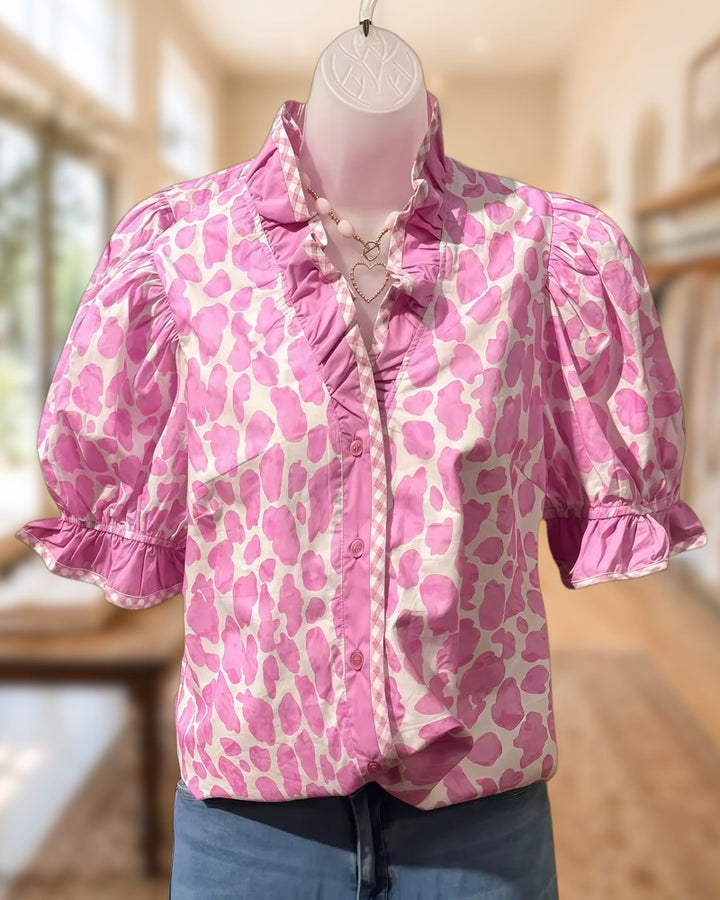 Leopard Print Elegant Button Up Ruffles Decor Blouse