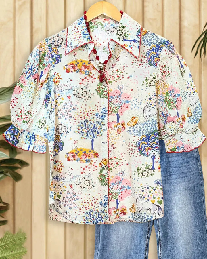 Natural Print Cute Puff Sleeve Button Up Blouse
