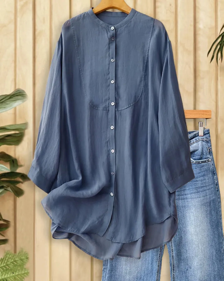 Solid Color Long Sleeve Button Up Stand Collar Loose Shirt