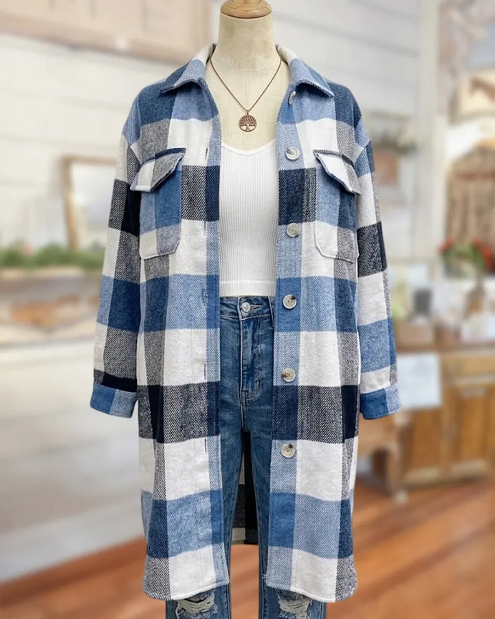 Plaid Long Sleeve Button Front Flap Pocket Casual Coat
