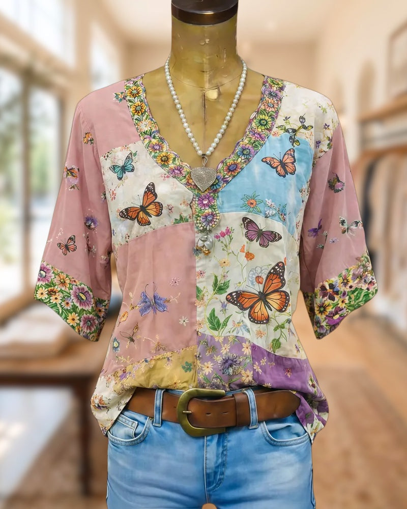 Butterfly & Floral Print Color Block Pretty V Neck Shirt