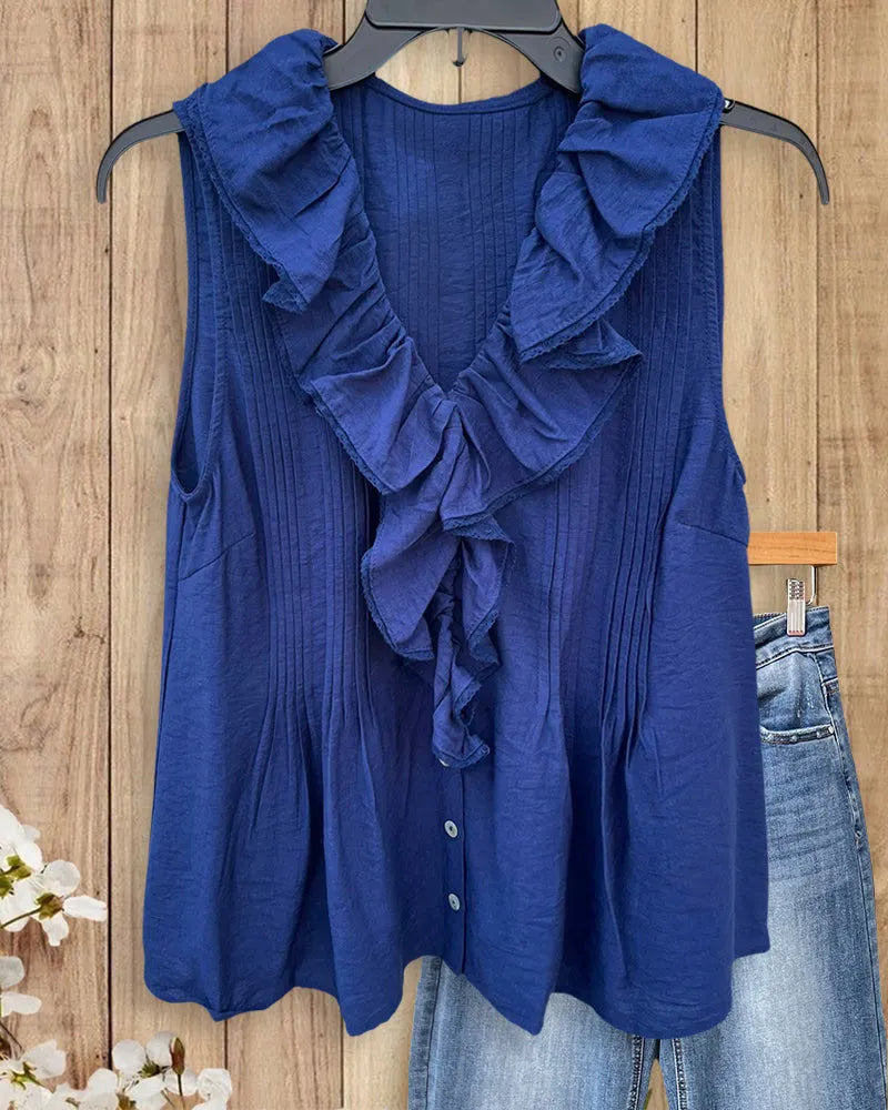 Ruffles Decor V Neck Sleeveless Pintuck Front Button Casual Blouse