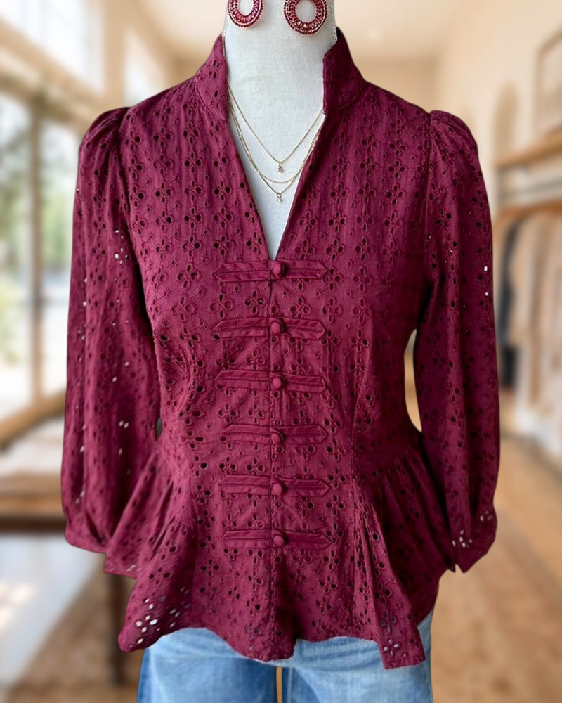 Eyelet Embroidery Frog Closure Puff Sleeve Peplum Blouse