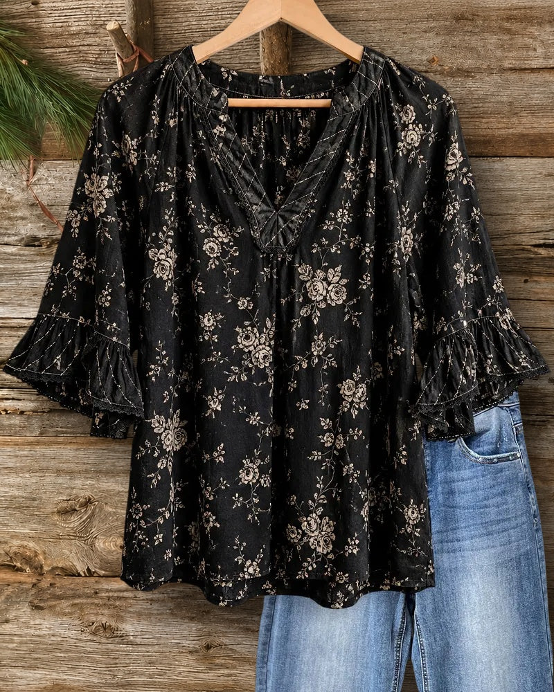 Floral Print V Neck Ruffle Sleeve Loose Casual Blouse