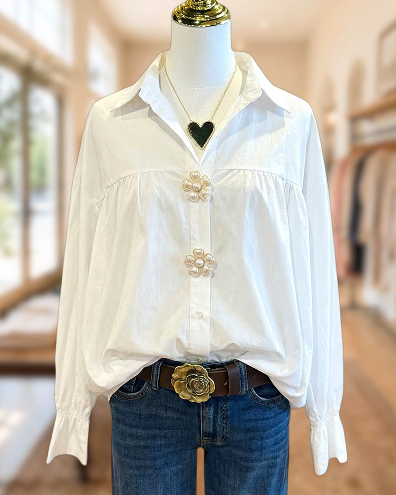 Solid Color Rocking Button Up Drop-Shoulder Blouse