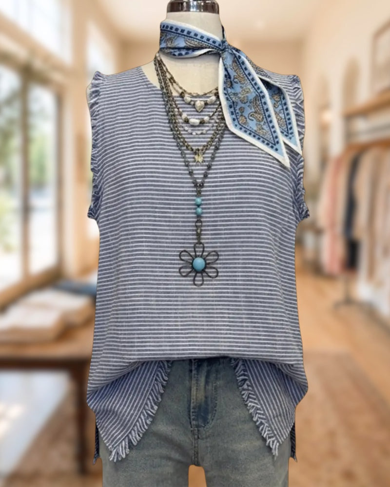 Striped Tassel Trim Sleeveless Round Neck Chic Blouse