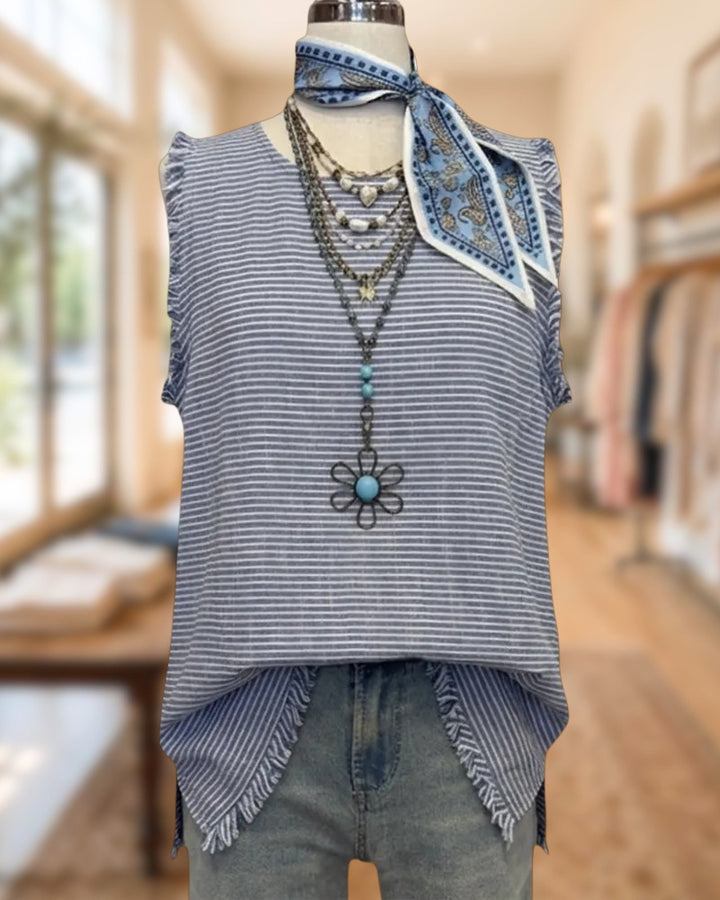 Striped Tassel Trim Sleeveless Round Neck Chic Blouse