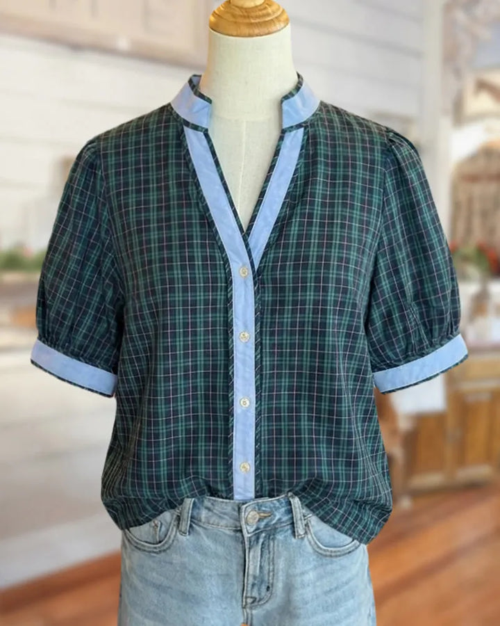 Plaid Contrast Trim Puff Sleeve V Neck Button Front Blouse