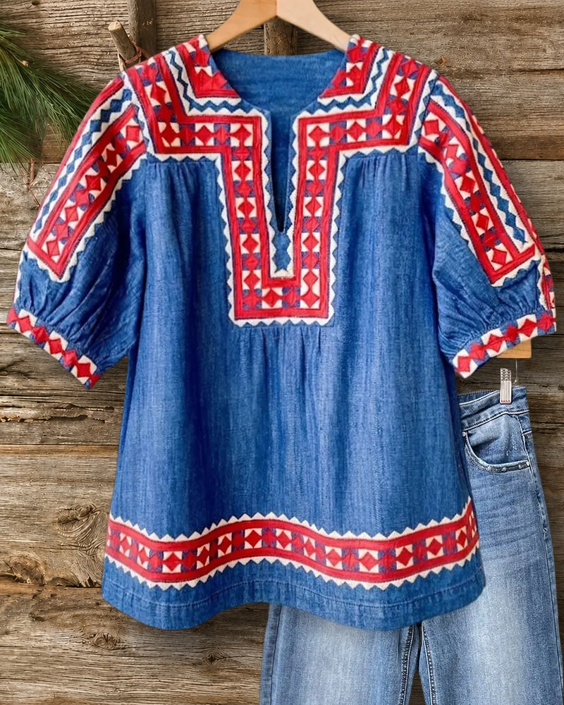 Geometric Print Puff Sleeve V Neck Casual Blouse