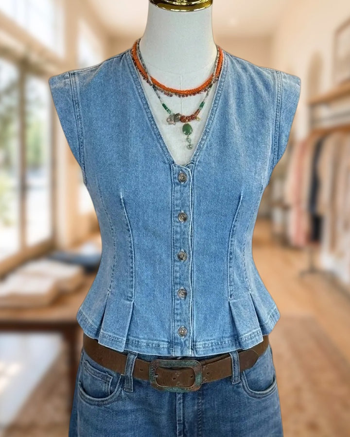 Sleeveless V Neck Button Front Peplum Denim Vest Top